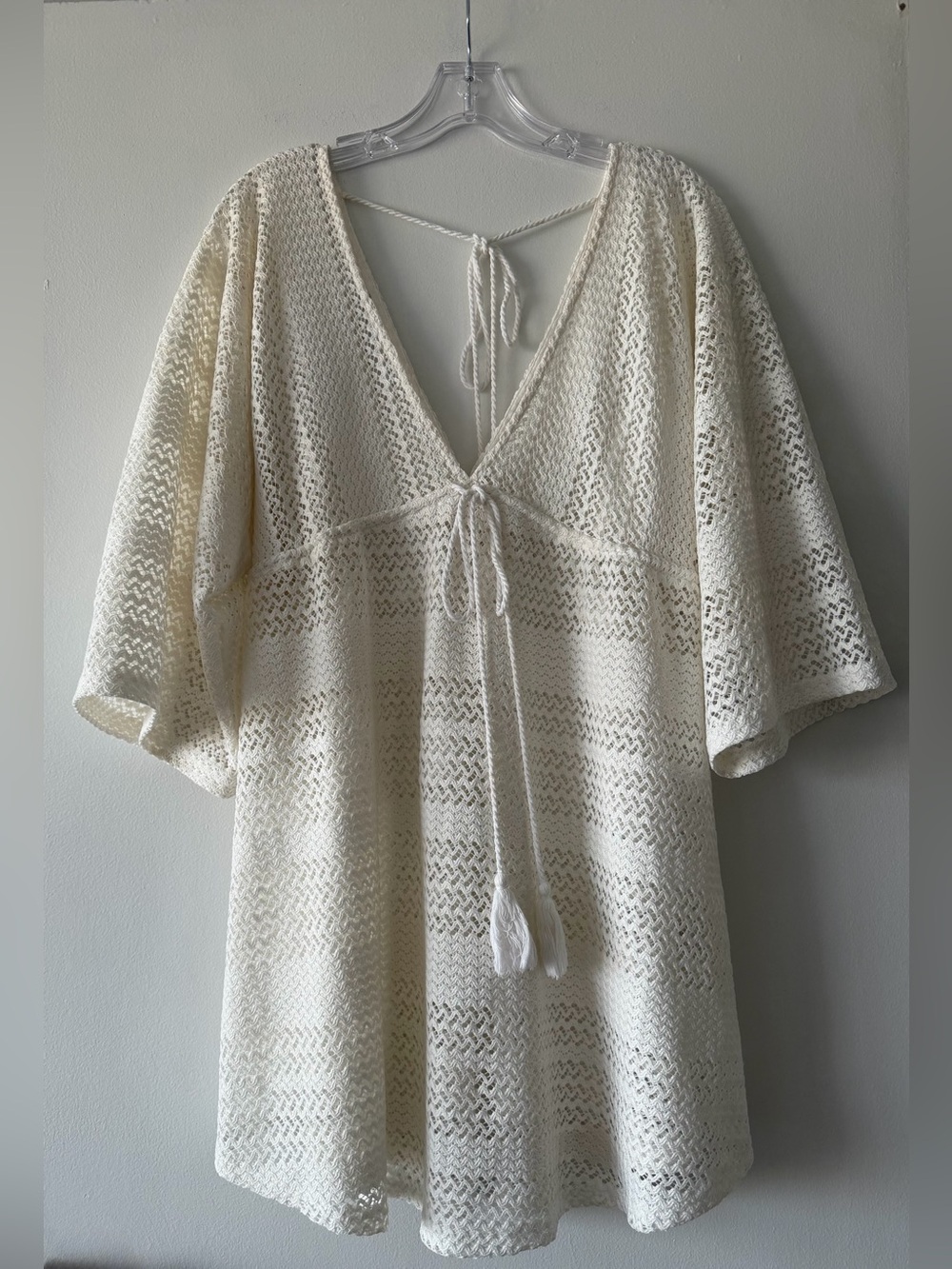 Endless Blu Ivory Open Crochet Knit Swim Cover Up Kimono Dress Tassel Tie M
